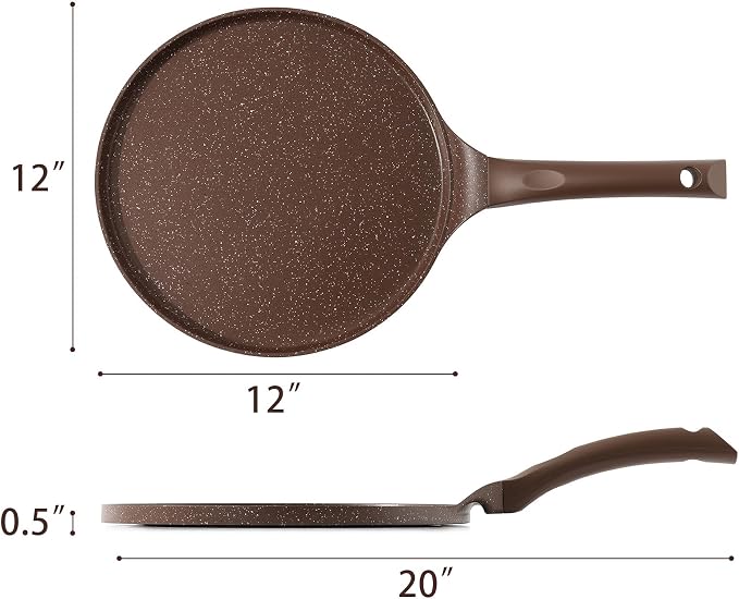 SENSARTE 12 Inch Nonstick Crepe Pan Granite Coating Pancake Pan Brown | Swiss Granite Coating Dosa Pan Pancake Flat Skillet Tawa Griddle with Stay-Cool Handle, Induction Compatible