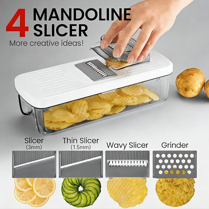 Vegetable Chopper Mandoline Slicer 8-in-1 with Container, 8 Blades for Onion, Veggie & Fruit, Easy Food Slicer Dicer Cutter, Kitchen Gadgets & Essentials