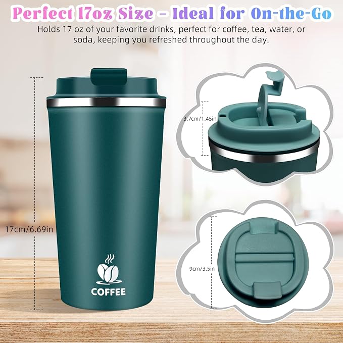 17oz Insulated Travel Coffee Mug with Flip Lid – Leakproof Stainless Steel Insulated Coffee Tumblers, Reuable Coffee Cup for Hot & Cold Drinks, Perfect for Camping & On-the-Go