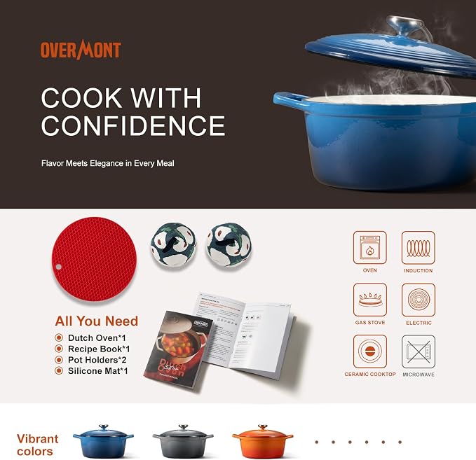 Overmont Enameled Cast Iron Dutch Oven - 5.5QT Pot with Lid Cookbook & Cotton Potholders - Heavy-Duty Cookware for Braising, Stews, Roasting, Sourdough Baking Blue