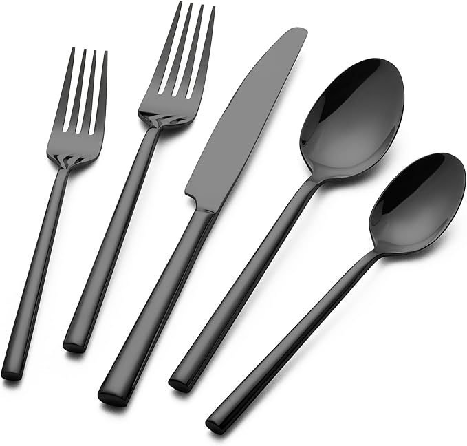 Alata Potter Black 20-Piece Forged Silverware Set, Service for 4, Stainless Steel Flatware Set, Modern Design with Mirror Finish, Ideal for Home, Kitchen, Party, Camping