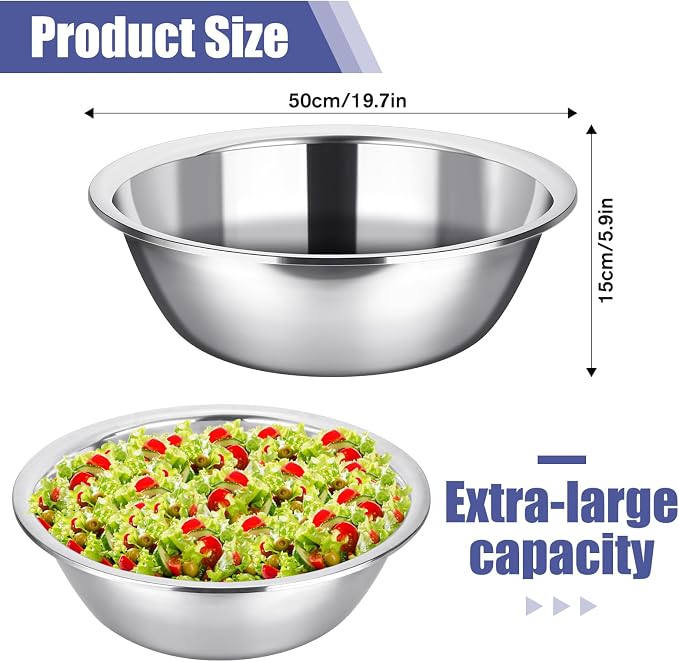 Nuogo 2 Pack Large Mixing Bowls 17 Quart Stainless Steel Flat Base | Big Bowls for Baking, Marinating, Meal Prep, Metallic Finish Stainless Steel, Commercial Grade, Flat Base Stability