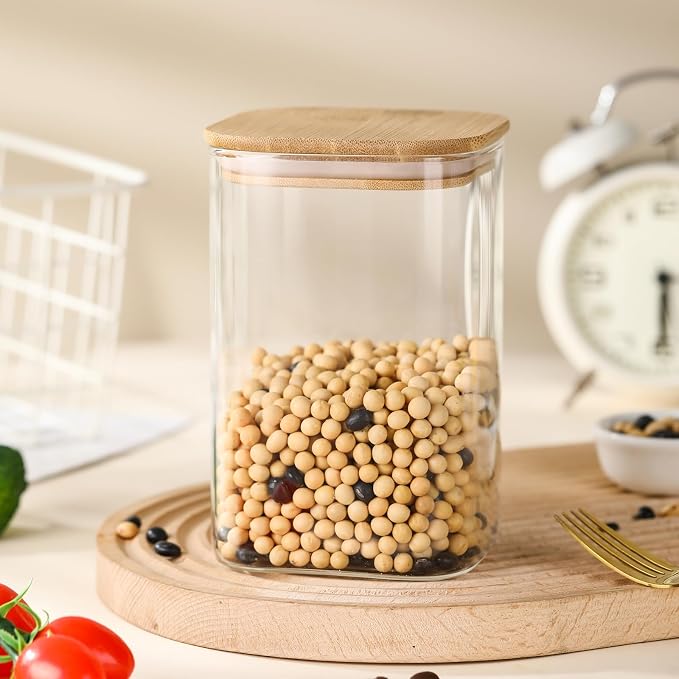 3-Pack Square Glass Jars with Bamboo Lids, 32oz Food Storage | 32oz Airtight Canister Set, Clear Glass Storage Containers with Lids for Candy, Coffee, Tea, Sugar, Flour, Cookies, Spices