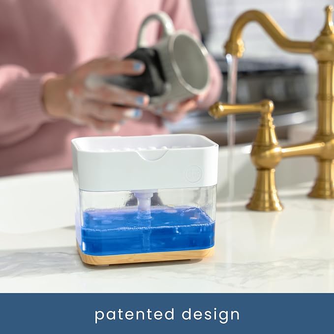 S&T INC. Dish Soap Dispenser and Sponge Holder, Plastic Bamboo and White | Patented Design, Holds 13 Fluid Ounces, Sponge and Waterproof Labels Included, Non-Slip Feet