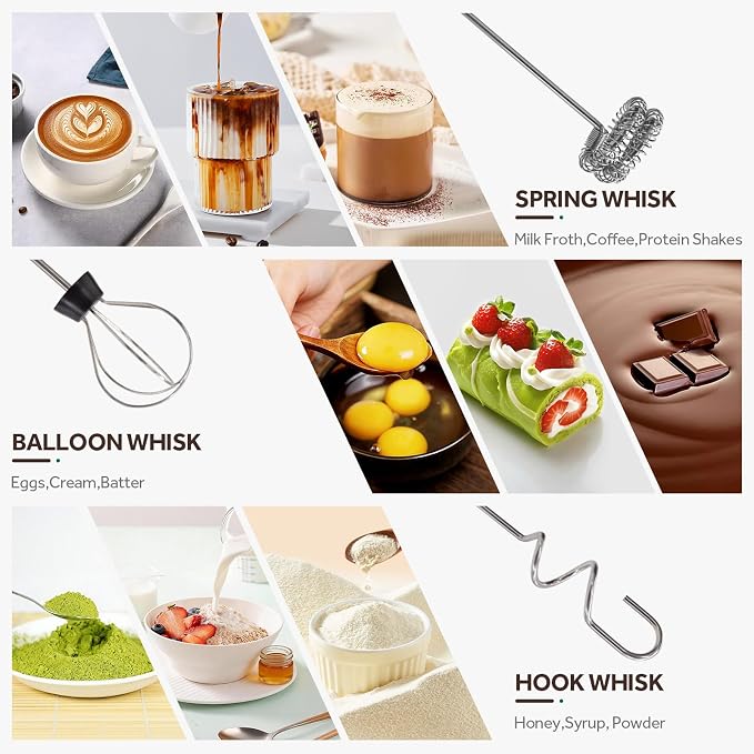 Milk Frother Handheld Rechargeable, Frother Wand Coffee Drink Mixer Electric Whisk 3 Speed Adjustable, Detachable with 3 Stainless Whisks, Hand Mixer for Lattes Cappuccino Hot Chocolate Matcha Egg