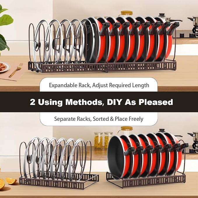 Housolution Pot and Pan Lid Organizer Holder Storage Rack, Bronze | 12"-23" Expandable, 14 Adjustable Dividers, Sturdy Metal Construction, Easy Assembly