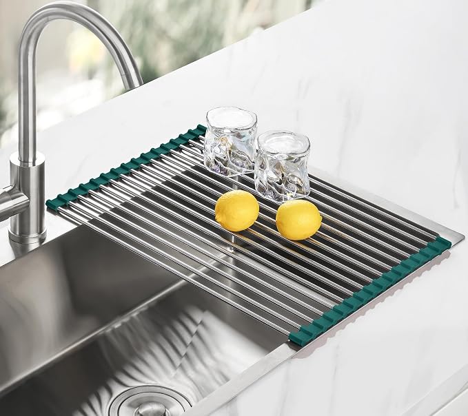 Tomorotec Roll Up Dish Drying Rack Over Sink,304 Steel,17.7x12.5,DarkGreen | Anti-Slip Silicone Rims For Grip, Heat-Resistant Trivet Mat Holding Heavy Cookware, Rustproof Kitchen Counter Space Saver