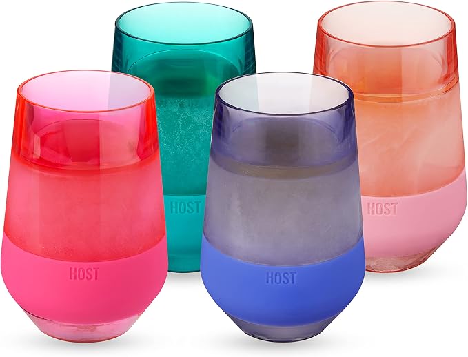 Host Freeze XL Wine Cooling Cups for Gifts for Mom, Birthday Gifts for Women, Double Wall Insulated Plastic Wine Glasses for Red and White Wines, Freezable Plastic Tumblers, 12 oz, Set of 4, Assorted