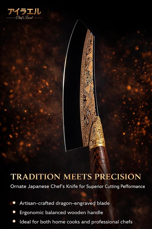 Dragon Engraved Chef Knife – Unique Gift for Men, Chefs & Collectors | 8.5" Razor-Sharp Japanese-Style Kitchen Knife, Mirror-Polished Stainless Steel Blade, Rosewood Handle & Premium Gift Box