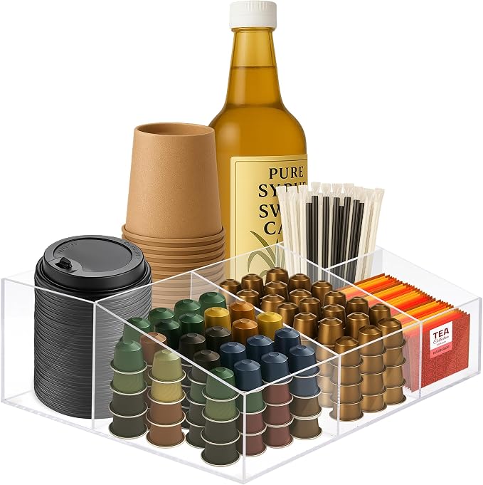 Acrylic Coffee Bar Station, Countertop Snack Tea Organizer & Condiment Tray | Syrup, Creamer, Sugar Packets & Tea Bags