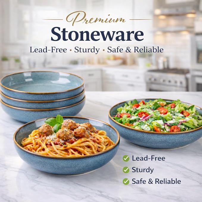 GBhome 8.75'' Large Ceramic Pasta Bowls, 38oz Stoneware Pasta Serving Bowls Set of 4 for Kitchen, Wide Bowls for Fruit,Pasta,Salad,Oatmeal,Meal, Microwave Safe, Reactive Glaze-Space Blue