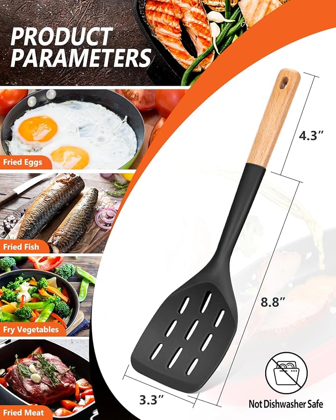 Silicone Spatula, Non Stick Turner for Cooking, Food Grade, Black | Heat Resistant, Flexible Edge, 2 Pack Wooden Handle Kitchen Turner for Baking Mixing Grilling Serving Food