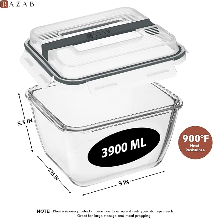 Razab 17 Cups / 132 Oz / 3900ml Large Glass Food Storage Containers with Lids - Leakproof, BPA-Free Large Meal Prep Container Ideal for Roasting Turkey, Store Leftover - Microwave & Oven Safe