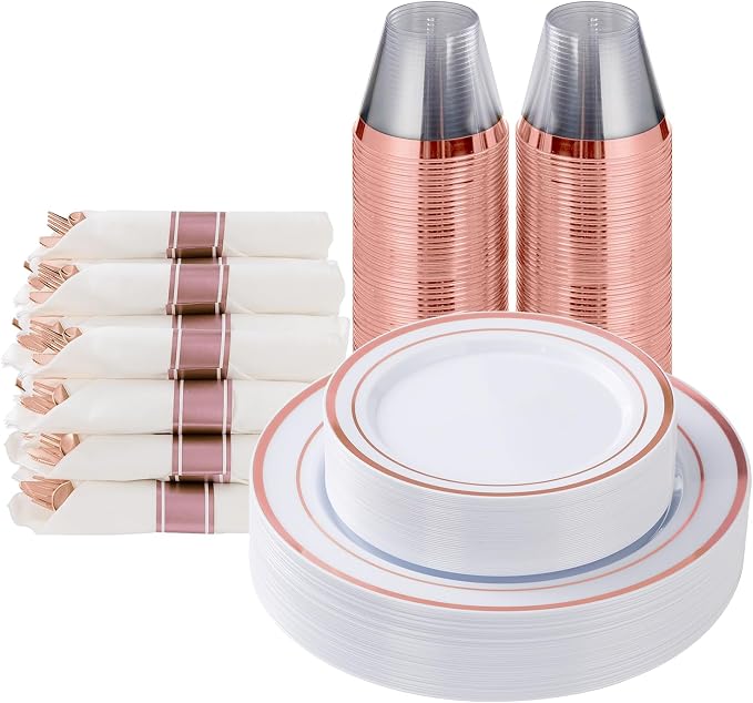 175 Piece Rose Gold Plastic Dinnerware Set for 25 Guests | Disposable Dinnerware Includes: 25 Dinner Plates, 25 Dessert Plates, 25 Pre Rolled Napkins with Silverware, 25 Cups