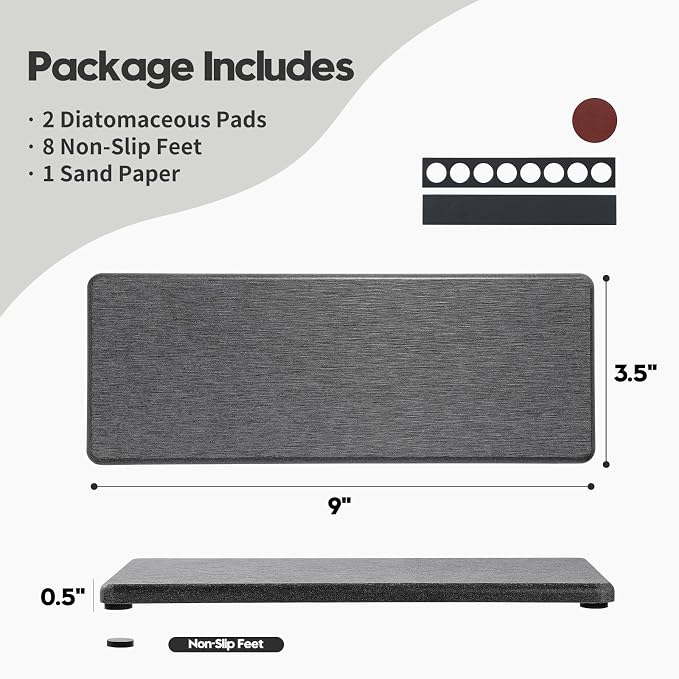 2PCS Bathroom Trays, Water Absorbing Diatomite Stone Quick Drying Mat for Kitchen Counter, Dish Rack Soap Dispenser Sponge Holder Caddy Sink Vanity Organizer, Dark Gray Slate,9"x3.5"