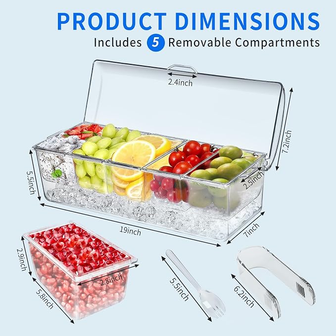 Ice Chilled Condiment Caddy, Condiment Containers with Lids,Serving Tray | mimosa bar supplies,5 Removable Compartments (2.5 cup),fruit tray,hosting essentials,catering supplies