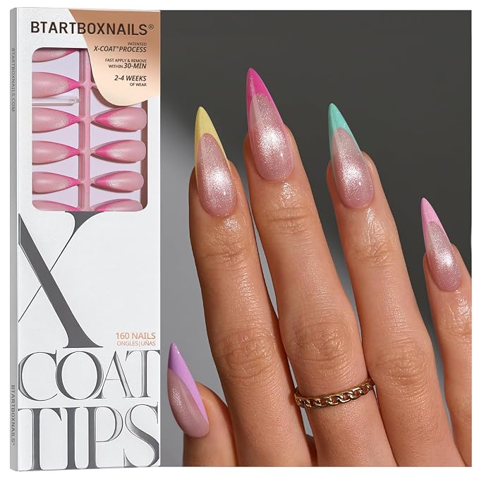 BTArtboxnails XCOATTIPS Pastel French Tip Press On Nails, L Stiletto, Cat Eye