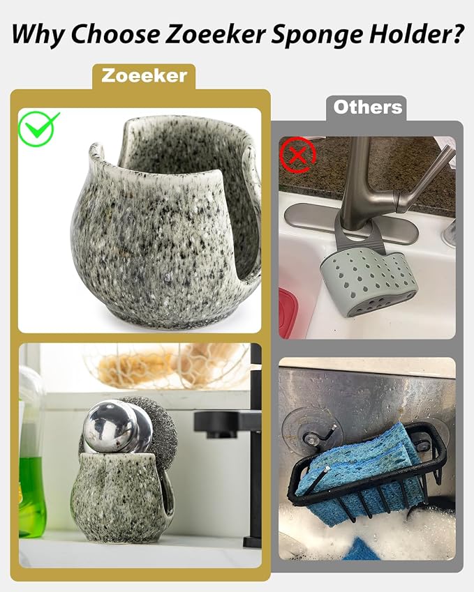 Zoeeker Sponge Holder, Ceramic Sponge Holder for Kitchen Sink Brush Holder | Cute Scrubby Caddy Organizer Sponge Dish Rack Kitchen Storage Organizer Sink Caddy for Bathroom Countertop, Special Gray