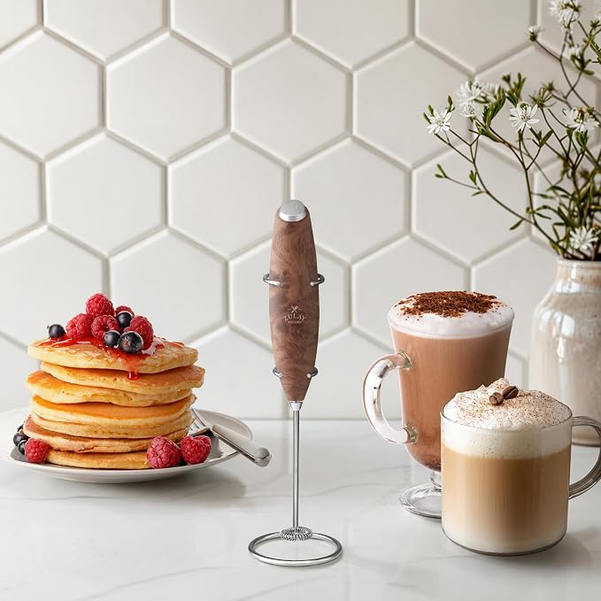 Zulay Kitchen Powerful Milk Frother Wand With Duracell Batteries - Ultra Fast Handheld Drink Mixer - Electric Whisk Foam Maker for Coffee, Lattes, Cappuccino & Matcha - Z1 Motor - Walnut