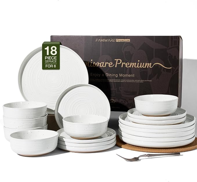 Stoneware Dinnerware Sets for 6, Plates and Bowls, White | 18-Piece Ceramic Speckled Spiral Dishes, Chip & Scratch Resistant, Microwave & Dishwasher Safe, Everyday Use, Farmhouse Style