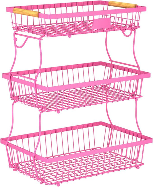 3 Tier Fruit Basket for Kitchen Counter with 2 Banana Hangers, Countertop Metal Fruit Bowl with Wooden Handle, Large Storage Stand for Vegetables, Snacks, Breads, Produce Storage – Rose Pink