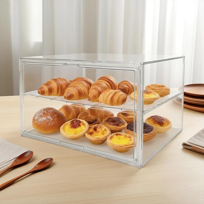 BOHOIDEE Extra Large 19.7"X14.6"X11.6" Clear Bread Box for Kitchen Counter, Acrylic Pastry Display Case Stackable Storage Container Plastic Bakery Display Case with Magnetic Door