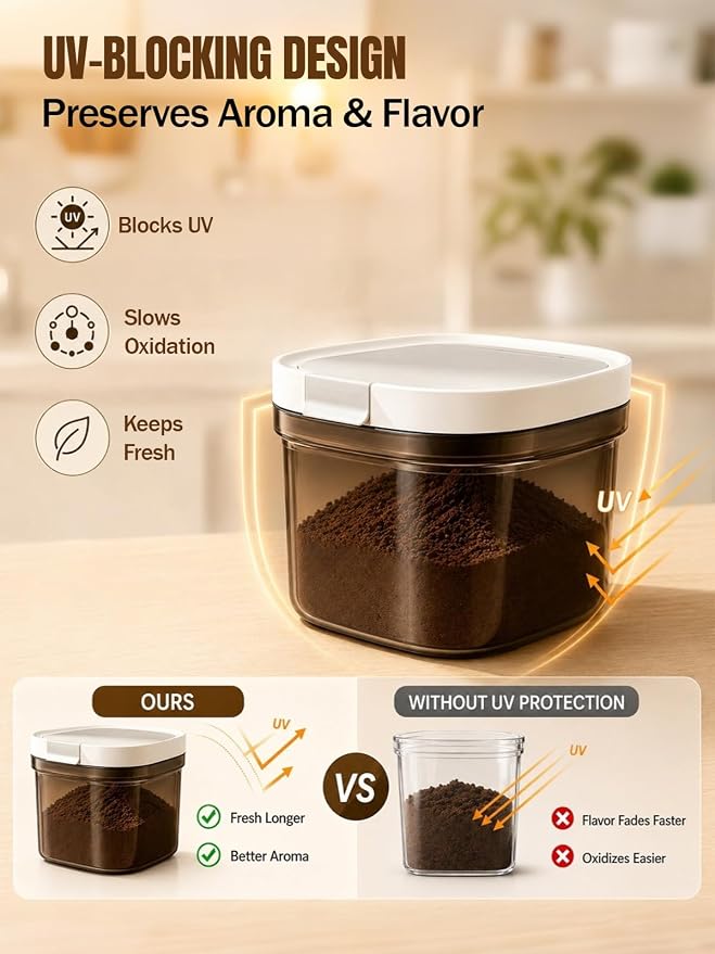Lupow Airtight Coffee Canister with Magnetic Spoon, 0.8L BPA-Free Plastic Coffee Container for Ground Coffee & Beans, Dual Seal Locking Lid, Dark Brown Pantry Storage Jar