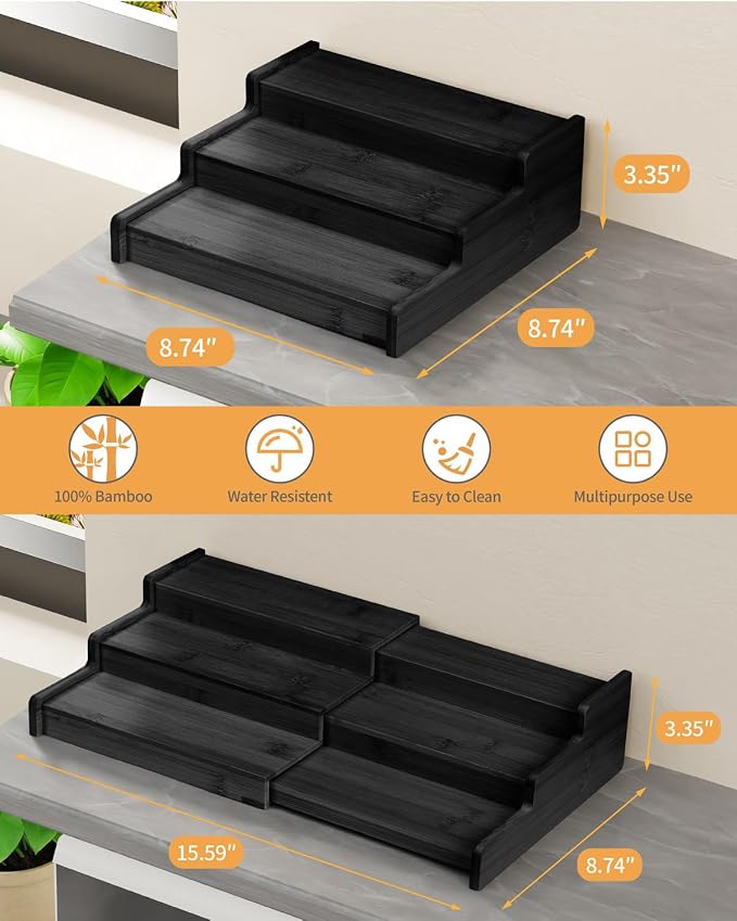 Spice Rack 3-Tier Natural Bamboo, Adjustable Cabinet Organizer Shelf | Expands 8.7-15.6"cabinets. Stepped design, labels visible.Storage organizer saves space, easy wipe. For spices, jars,cans.