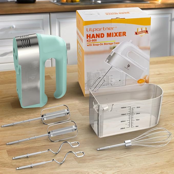 Hand Mixer Electric, 450W Kitchen Mixers with Scale Cup Storage Case, Turbo Boost/Self-Control Speed + 5 Speed + Eject Button + 5 Stainless Steel Accessories, For Easy Whipping Dough, Cream, Green