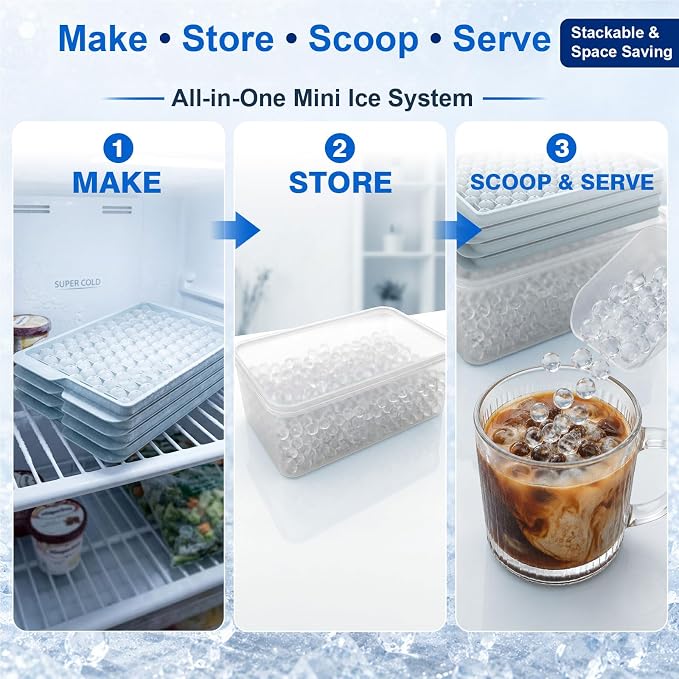 Mini Ice Cube Trays with Lid & Bin, Tiny Pebble Ice Balls for Coffee | Make 416 Mini Ice Balls with 4 Trays, Easy Release, Stackable, Scoop Included, for Iced Coffee, Drinks and Daily Use
