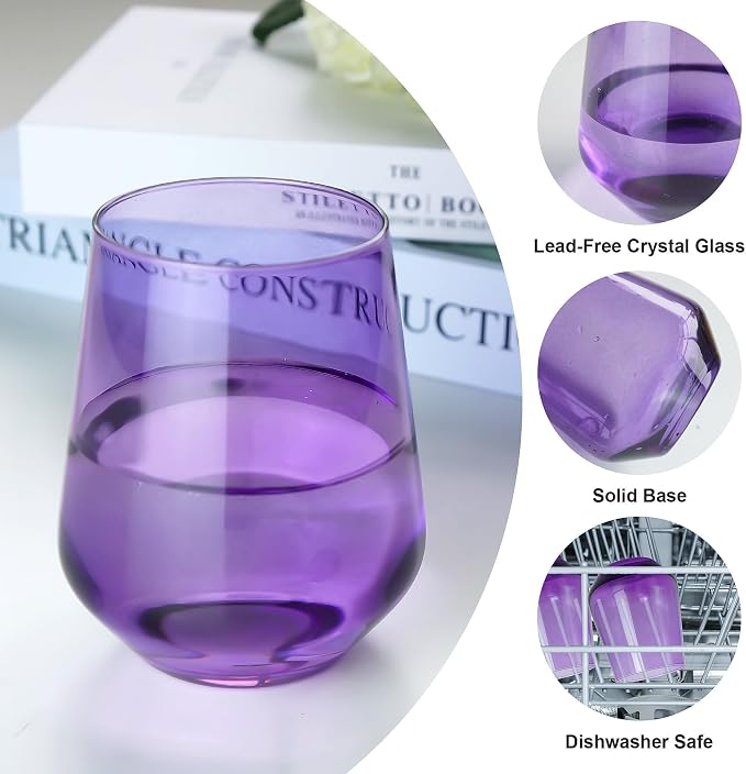 Purple Stemless Wine Glasses Set of 6, 15oz Drinking Glassware Dishwasher Safe, Wine Glass Tumblers for Red or White, Gift for Party, Holiday, Anniversary, Restaurant, Home Bar, Daily Use