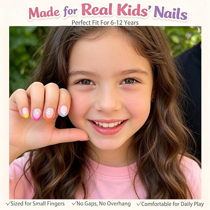 24pcs Press on Nails for Kids, 3D Flowers Design for Teenager Girls 8-12 | Colorful Almond French Tip, 12 Size, Non-Toxic, Fashion Nail Kit with Adhesive Tabs, Nail File for Christmas, Birthday, Party