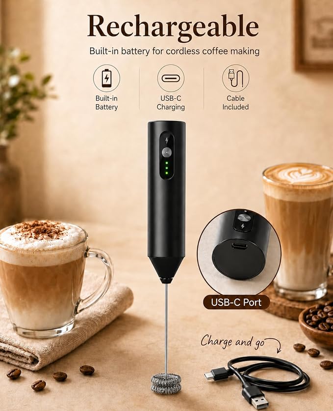 Rechargeable Electric Milk Frother Handheld, Hand Mixer Coffee Frother Wand | Portable Drink Mixer with 3 Speeds, 3 Whisk Heads, Storage Case, Electric Whisk for Matcha Lattes Cappuccino, Kitchen Gifts