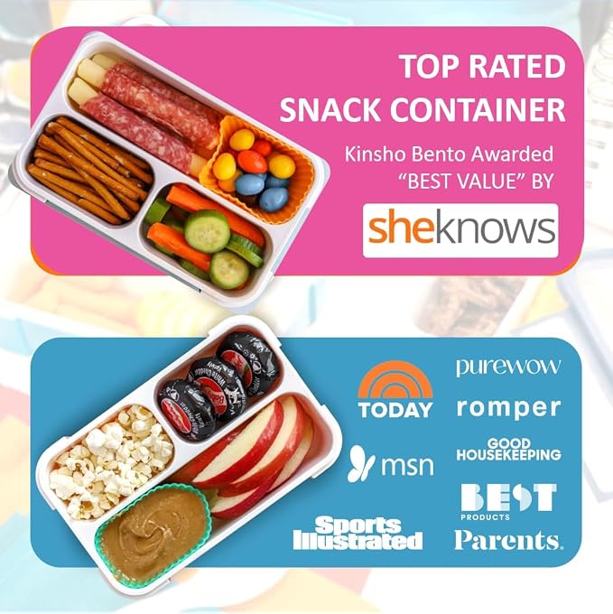 kinsho Small Snack Box Containers for Kids Toddlers, Pink Blue, Set of 2 | 3 Compartments, Leak-Proof, Spill Proof, BPA-Free Reusable Mini Bento Lunch Box for Girl & Boy Daycare School, Holds 2 Cups