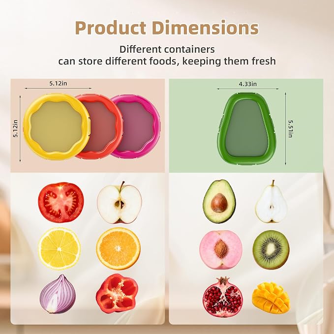 TQRR Avocado Saver and Lemon Holder- 4Pcs Fruit Fresh Storage Containers Reusable Silicone, Refrigerator Use, For Fruits & Vegetable Containers, Fits Apples, Lemons, Potatoes, Oranges,Tomatoes | Reusable Silicone, Refrigerator Use, For Fruits & Vegetab...