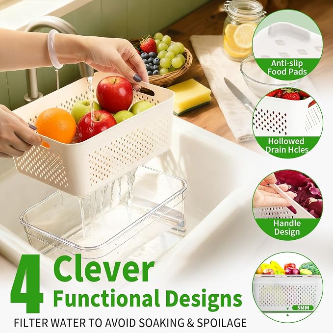 PRAKI Fruit Storage Containers for Fridge with Removable Colander, 5-Pack | 4 in 1 Food Storage Containers, Produce Saver for Refrigerator Keep Fruits, Berry Fresh Longer, Multiple Sizes, BPA-Free