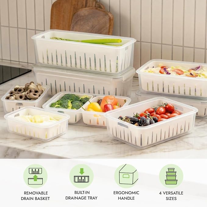 16.9 Cup Produce Saver Container for Fridge with Colander 4.0L | Airtight Fruit & Vegetable Storage Bin, Removable Strainer Basket, BPA-Free, Stackable, White Colander