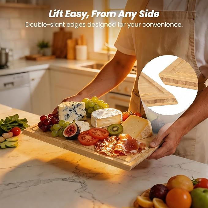 Bamboo Cutting Board for Kitchen, Double-Sided with Stand, Natural | 3-piece Chopping Board Set With Juice Grooves, Vertical Storage Rack, and Comfort Side Handles for Effortless Meal Prep
