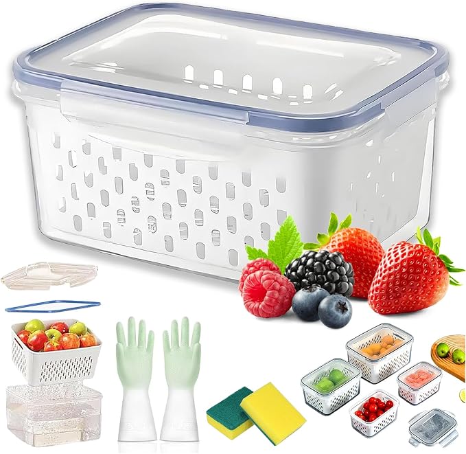 4 in 1 Food Storage Container with Lid, 2026 New Fruit Storage Containers for Fridge, Transparent Produce Storage Box with Drain Basket & Removable Colander for Salad Berry Vegetables (Blue, M)