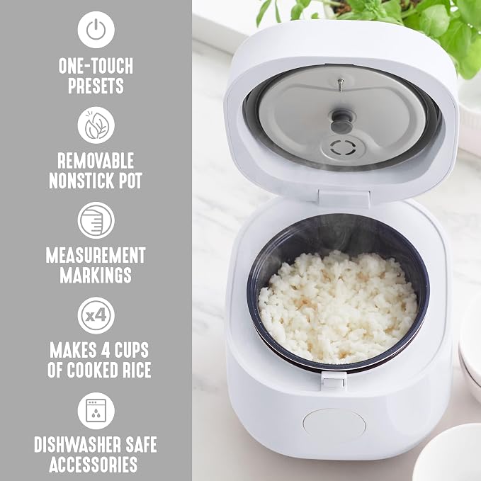 GreenLife Digital Rice Cooker, 2-Cups Uncooked/4-Cups Cooked, White | PFAS-Free Ceramic Nonstick Coated 1.5QT Pot, One-Touch Presets, Oats, Quinoa, Brown Rice, Auto Warming, Fuzzy Logic Tech