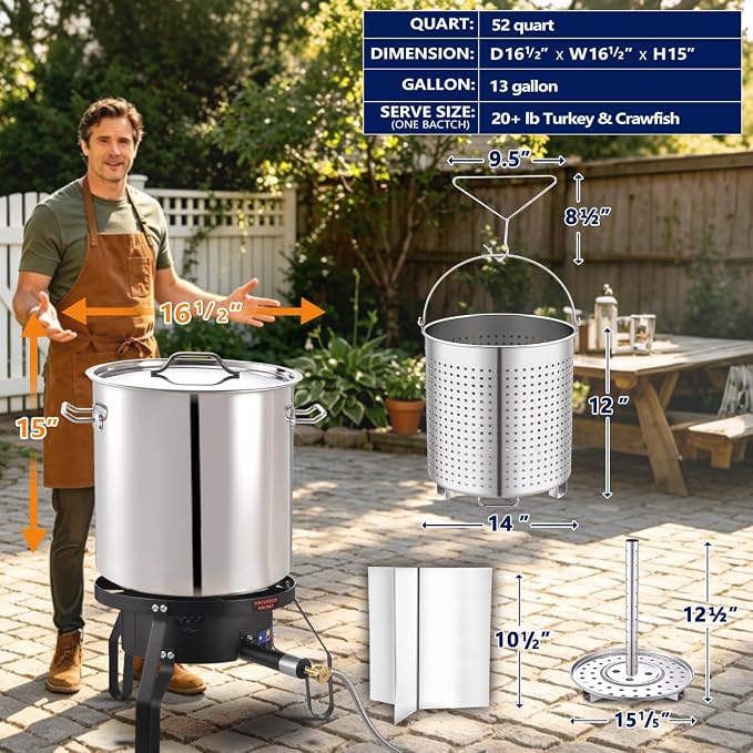 ARC 52QT Stainless Steel Stockpot for Crab Seafood Boiler w/Basket, 13Gal | Outdoor Cooking Pot w/Steamer Rack-Divider-Lift Hook-Tube For Crawfish Lobster Shrimp Boiling-Turkey Fryer and Tamales Steam