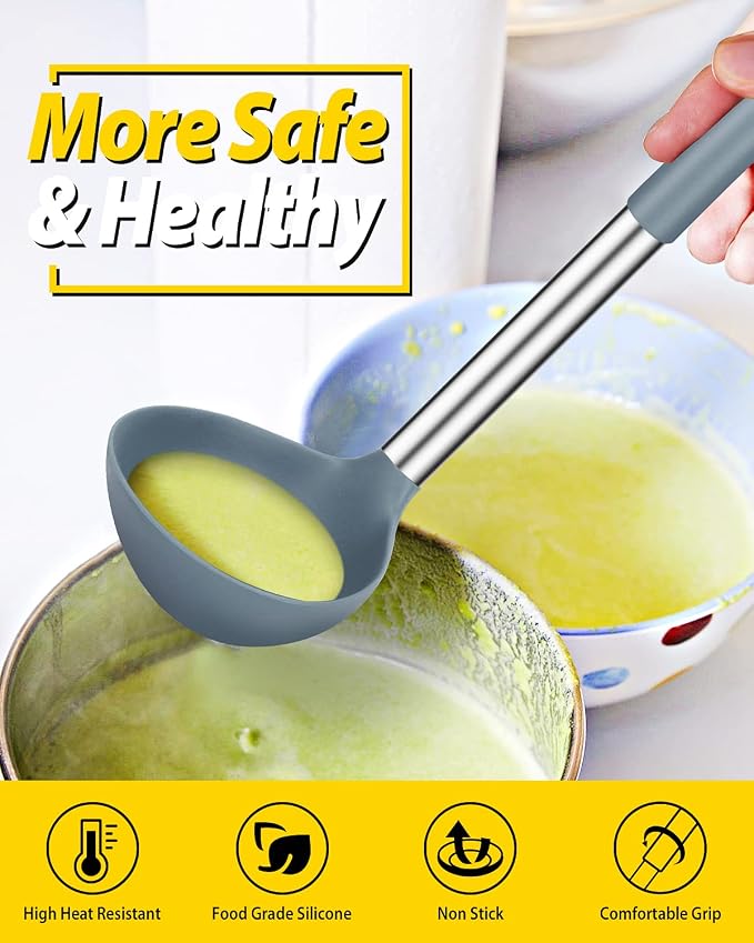 BUNDLEPRO Silicone Ladle Spoon Kitchen Utensils, 2 Pack, Grey-Blue | Non Stick, High Heat Resistant, BPA Free, Ideal for Cooking, Stirring,Serving Soups