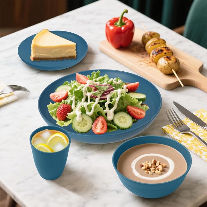 Wheat Straw Dinnerware Sets, 32 PCS Dishes Set for 8, Unbreakable Lightweight Reusable Plates and Bowls Sets for Kitchen Outdoors RV Camping Patio, Dishwasher & Microwave Safe - Blue