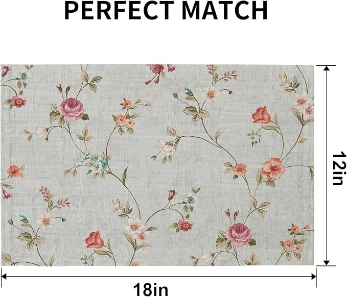 QIYI Boho Table Placemats Set of 6, 12"x18" Linen Place Mats, Pink Flowers | Fabric Place Mats for Kitchen Dinning, Farmhouse Rustic Cloth Table Mats, Washable Placemat Party Table Décor