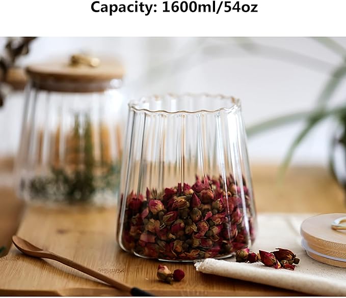 Glass Coffee Nuts Canister, Airtight Jar Bamboo Lid 54 FL OZ, Large Conical | Sealed Kitchen Storage Jar, 700ml Petal Ribs Design Decorative Candy Coffee Container, Gold Metal Handle, Easy to Grasp