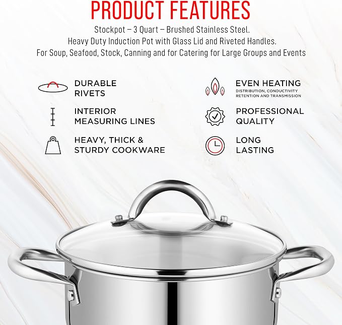 Stainless Steel Stockpot with Tempered Glass Lid 3 Quart,Durable 18/0 Stainless Steel,Impact-Bonded Base for Even Heating,Riveted Handles,Oven&All Stove Compatible,Safe Up To 500°F (260°C) (Pack of 2)