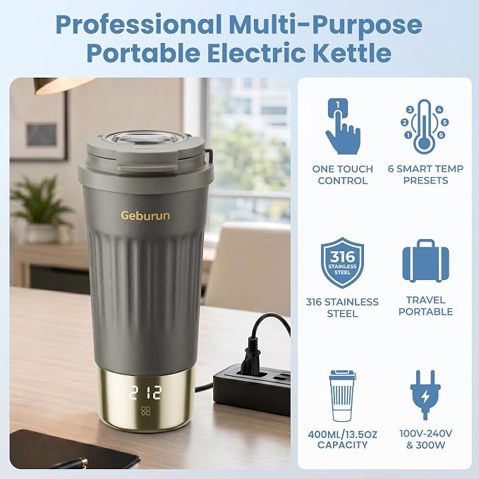 Travel Electric Kettle Portable Water Boiler, 400ml Small Tea Maker with 6 Temp Settings LCD Display, 316 Stainless Steel Vacuum Insulated Tumbler, 100V-240V, Travel Gifts for Men Women(Titanium Gray)