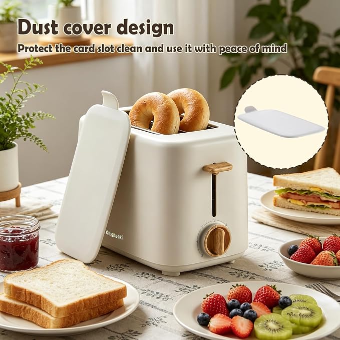 2 Slice Retro Toaster with Anti-dust Cover, 6 Browning Settings, Extra Wide Slots for Bagel & English Muffin, Removable Crumb Tray, Mini Household Bread Toaster