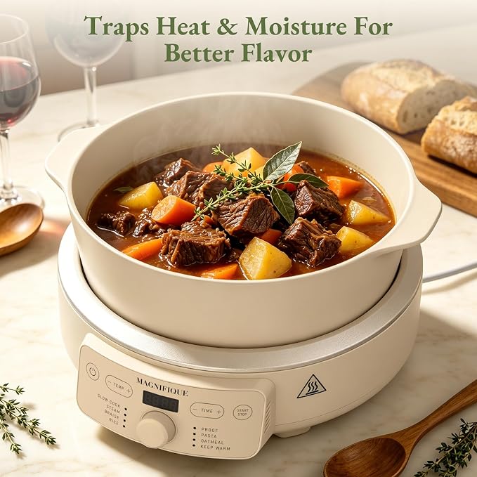 MAGNIFIQUE Slow Cooker, 4.5 Quart 8-in-1 Clay Pot Multi-Cooker, Non-Toxic Slow Cooker with Removable Clay Pot, for Rice, Pasta, Steam & Proof, Nonstick, Oven Safe Pot to 500°F, Oatmeal