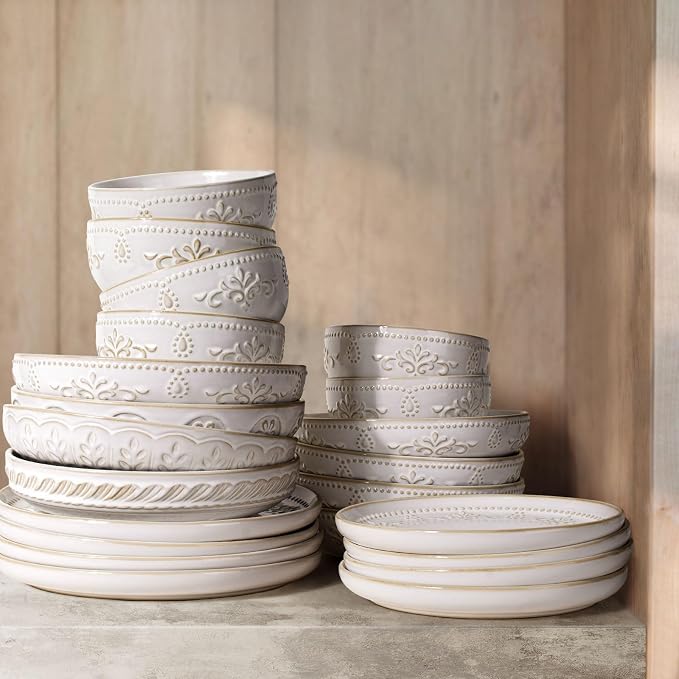 Pasta Bowls, 50oz Large Salad Serving Bowls, 9.75'' Plates Bowl Set of 4, Big White Ceramic Soup Bowl for Kitchen, Embossment Shallow Dinner Bowl, Microwave Dishwasher Safe, Damask Floral